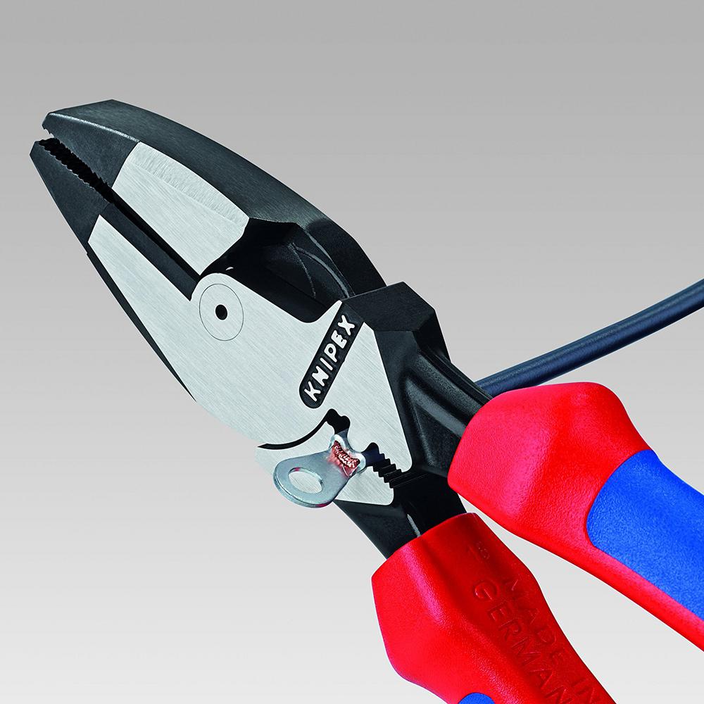 HIGH LEVERAGE LINEMANS PLIERS WITH FISH TAPE PULLER AND CRIMPS SIDE CUTTING
