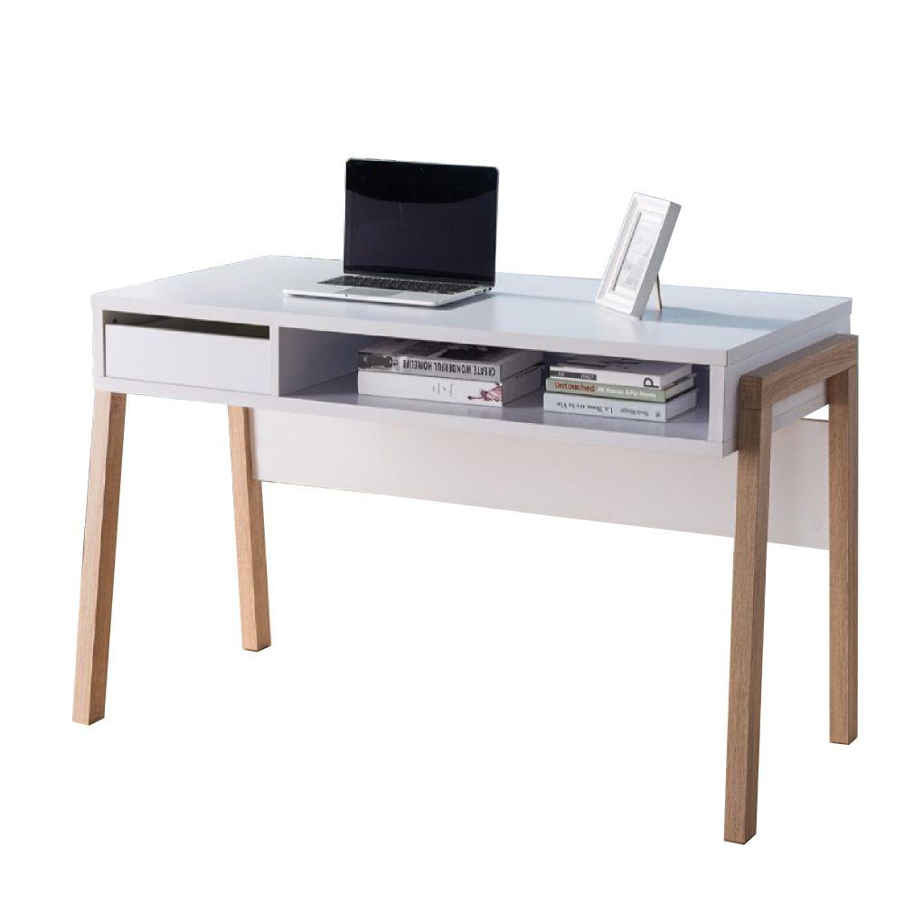 Benjara Contemporary Style White And Brown Desk With Open Storage