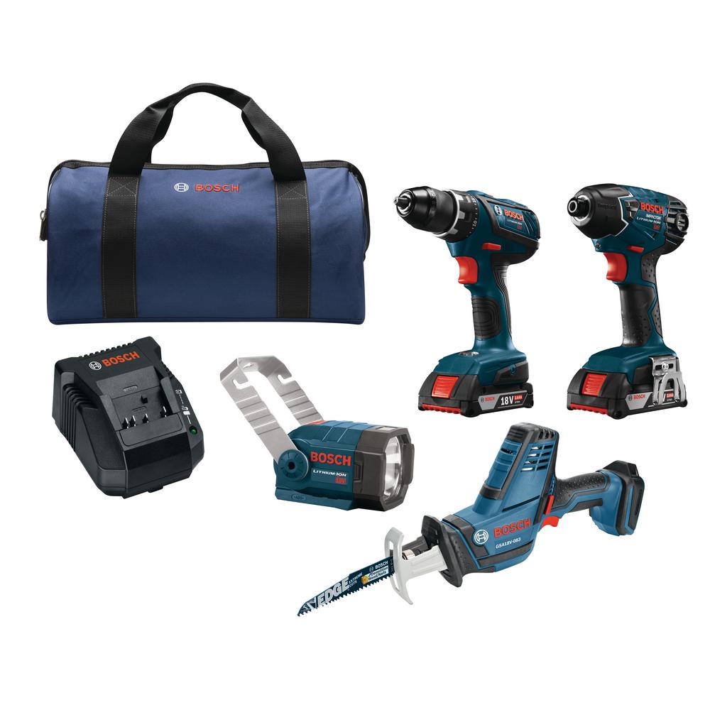 Bosch 18V Lithium-Ion Cordless Drill/Driver Recip Saw, Impact Driver and Flashlight Power Tool Combo Kit (4-Tool)