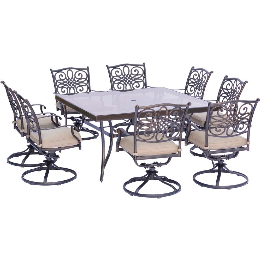 Hanover Traditions 9Piece Aluminum Outdoor Dining Set with Square GlassTop Table and Swivel