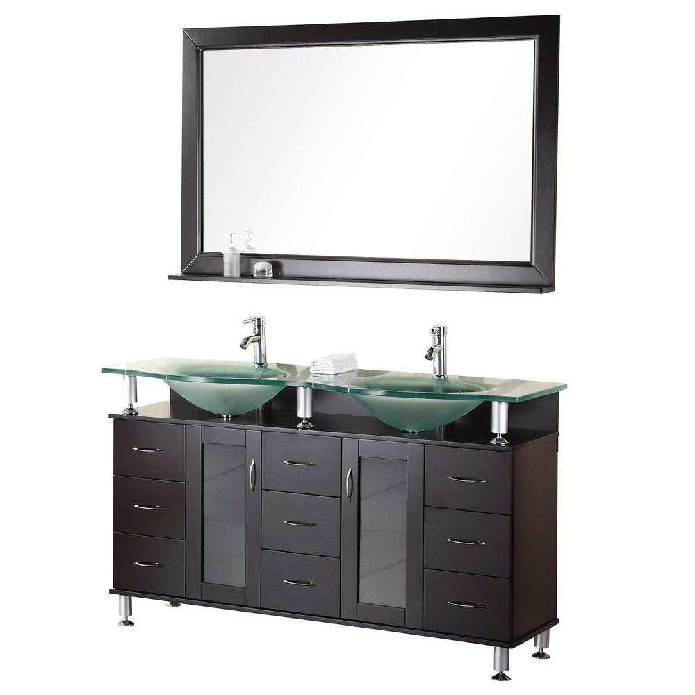 Design Element Redondo 60 in. W x 22 in. D Vanity in Espresso with Glass Vanity Top and Mirror 