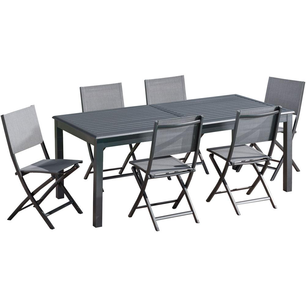 Hanover Dawson 7 Piece Aluminum Outdoor Dining Set With 6 Folding Sling Chairs And An Expandable 40 In X 118 In Table