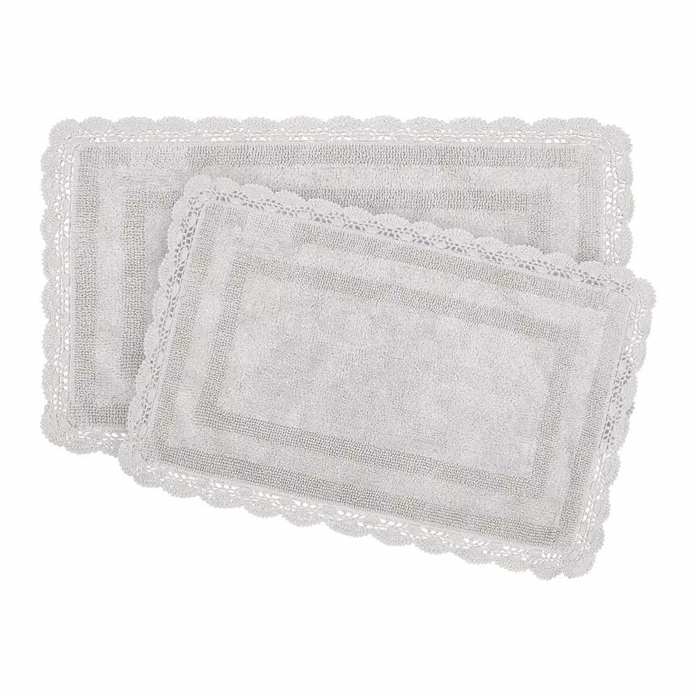 Photo 1 of Crochet 100% Cotton 17 in. x 24 in./21 in. x 34 in. 2-Piece Bath Rug Set in Light Grey