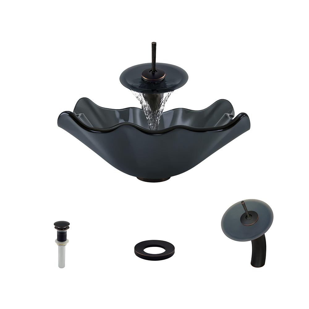 Rene By Elkay Gl Vessel Sink In Smoky Black With Waterfall Faucet Gl Vessel Sink In Black Frost With Waterfall Faucet And Pop Up Drain Antique