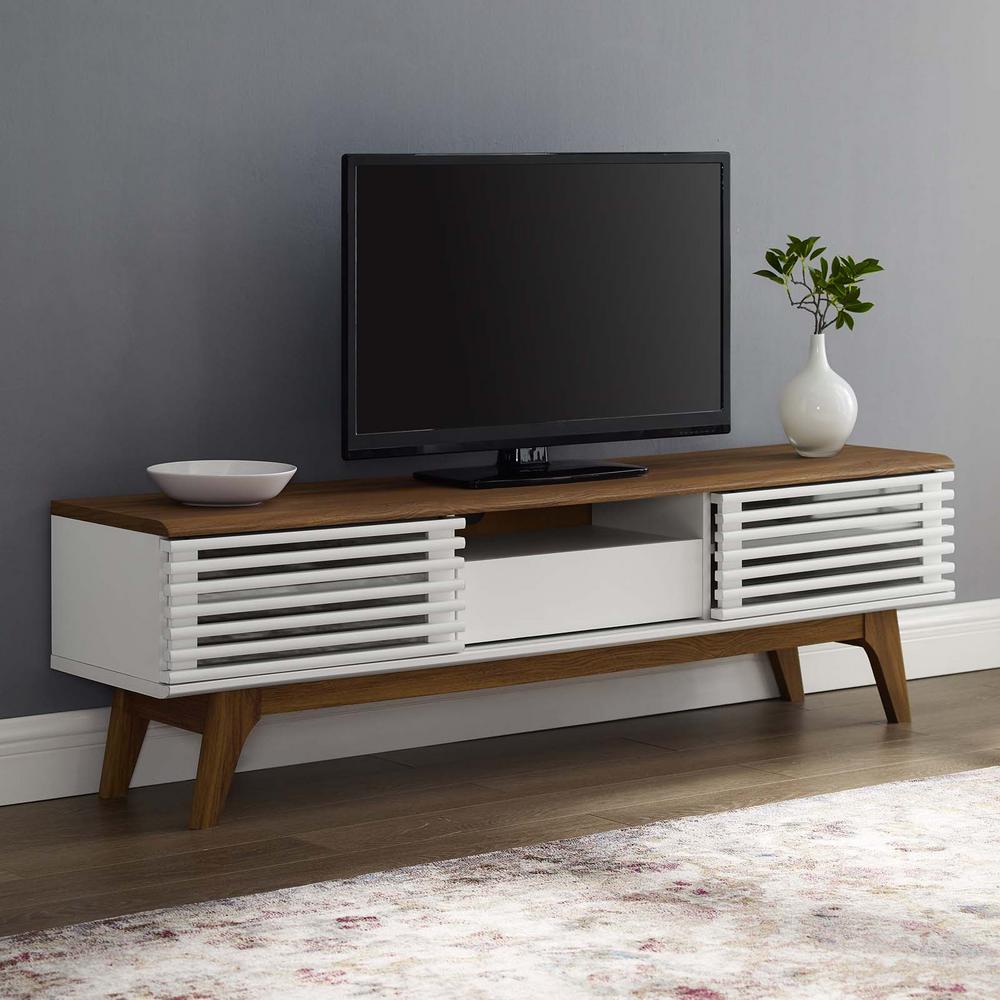 MODWAY Render 59 in. Walnut and White Particle Board TV Stand with 1