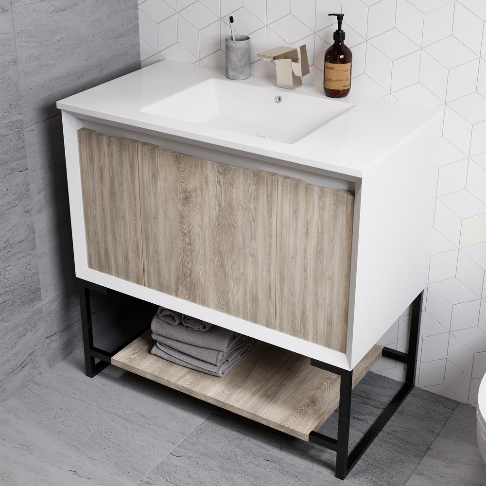 Swiss Madison Marseille 36 In Single 2 Doors 1 Drawer Open Shelf Bathroom Vanity In White With White Countertop With White Basin Sm Bv143 The Home Depot