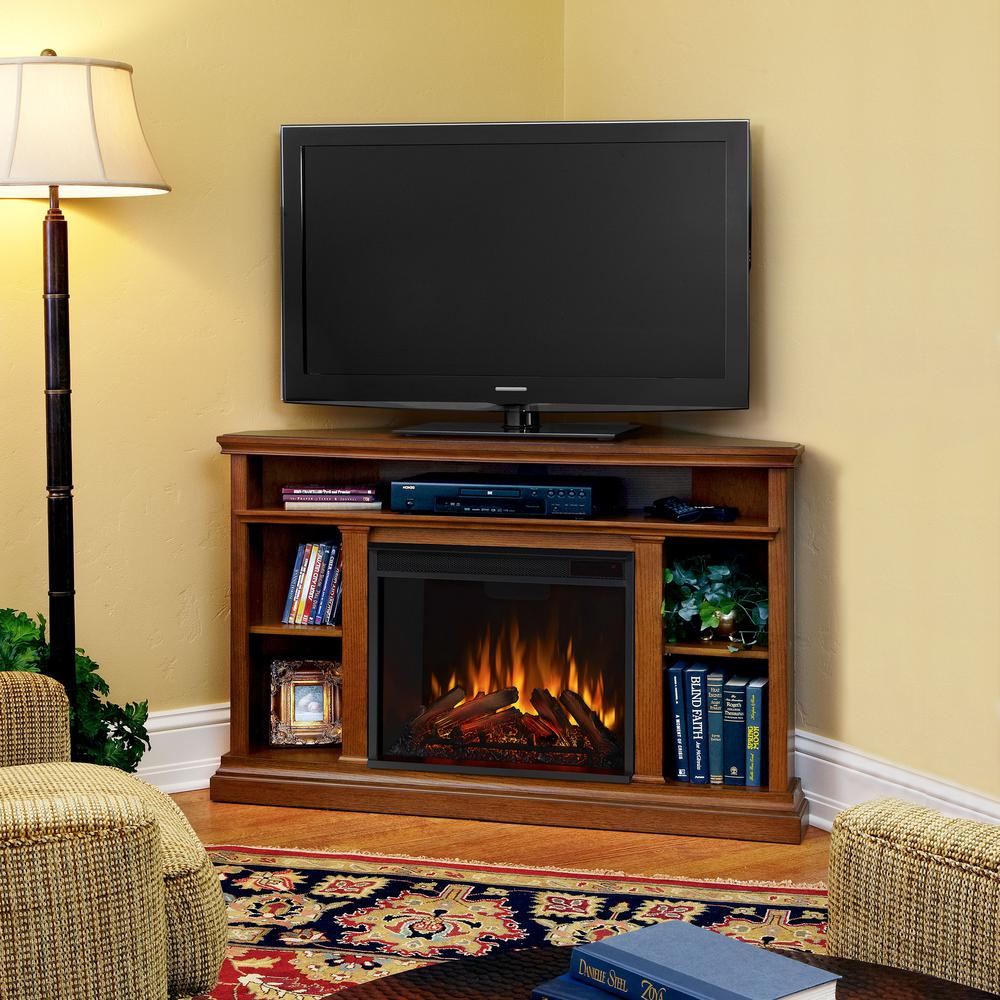 Real Flame Churchill 51 in. Corner Media Console Electric Fireplace in Oak-3750E-O - The Home Depot