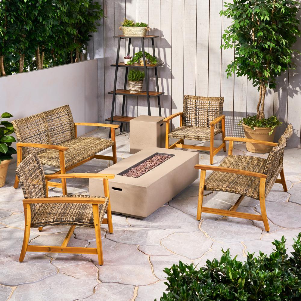 Noble House Augusta Grey 6 Piece Wood Patio Fire Pit Seating Set 67502 The Home Depot