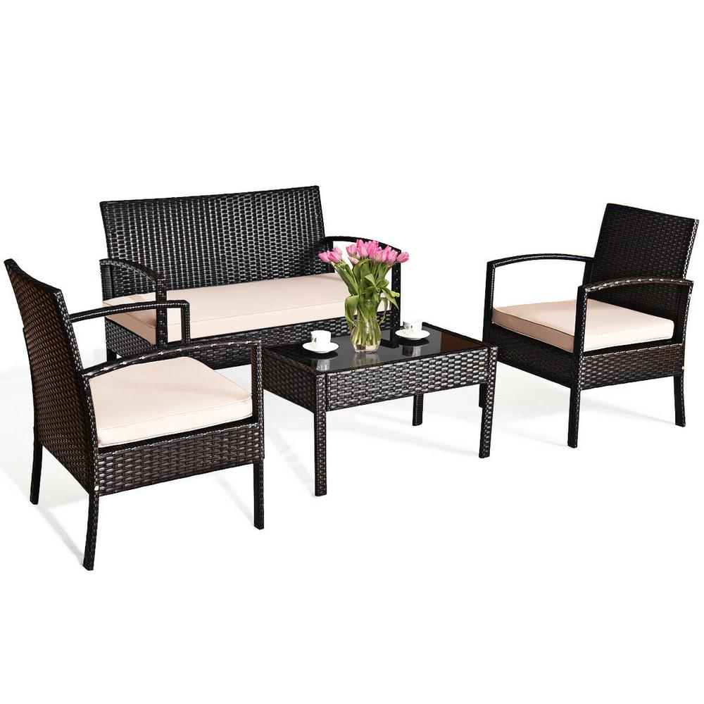 Costway 4 Piece Wicker Patio Conversation Set With Beige Cushions Rattan Furniture Glass Top Table Hw63215 The Home Depot - 4 Piece Wicker Patio Conversation Furniture Set Costway 4 Piece Wicker Patio Conversation Set With Beige Cushions Rattan Furniture Glass Top Table Hw63215 The Home Depot - 4 Piece Wicker Patio Conversation Furniture Set