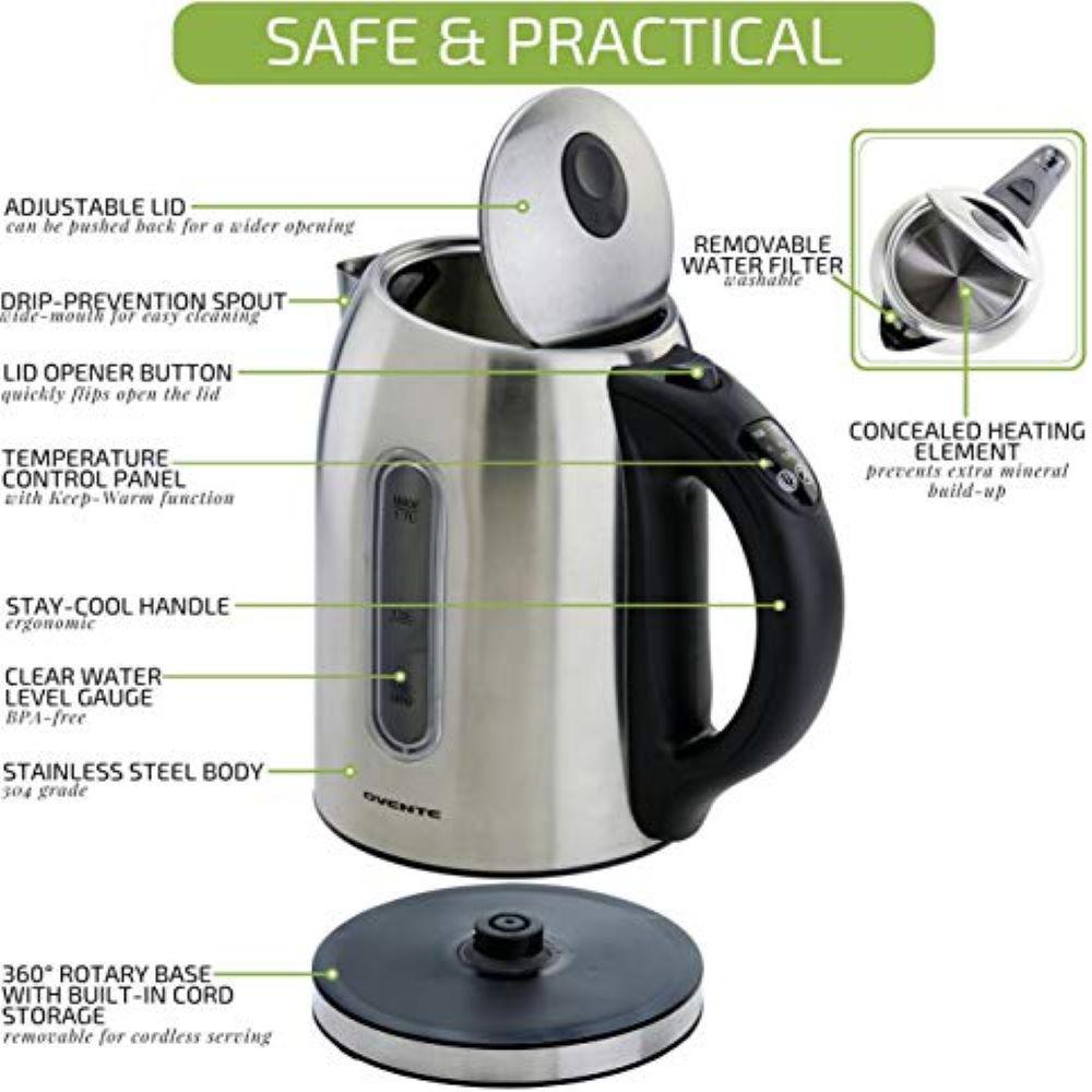 Ovente 7.1Cup Nickel Brushed Stainless Steel Electric Kettle Electric
