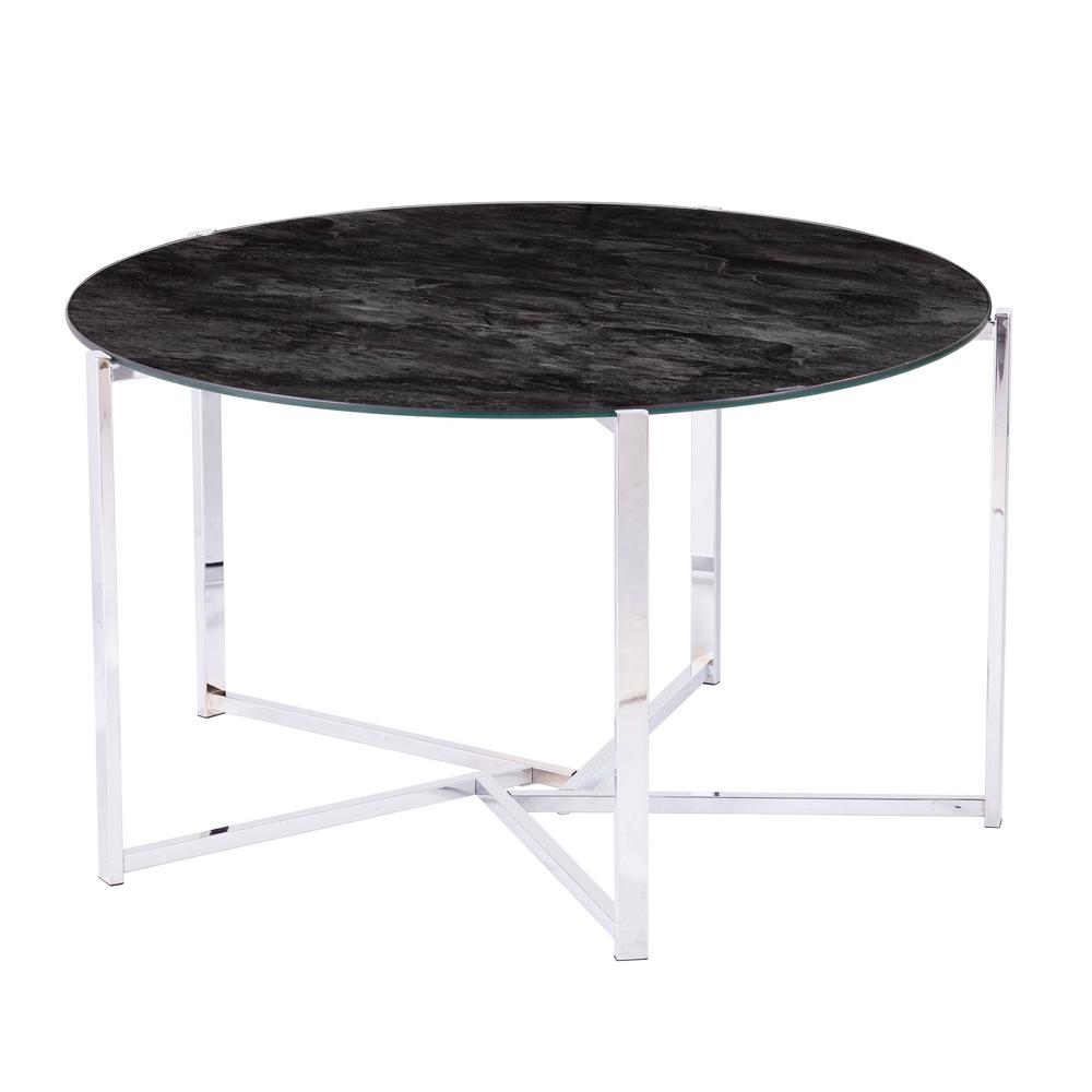 Southern Enterprises Rhanna Chrome with Black Faux MarbleLook Glass Top Round Coffee Table