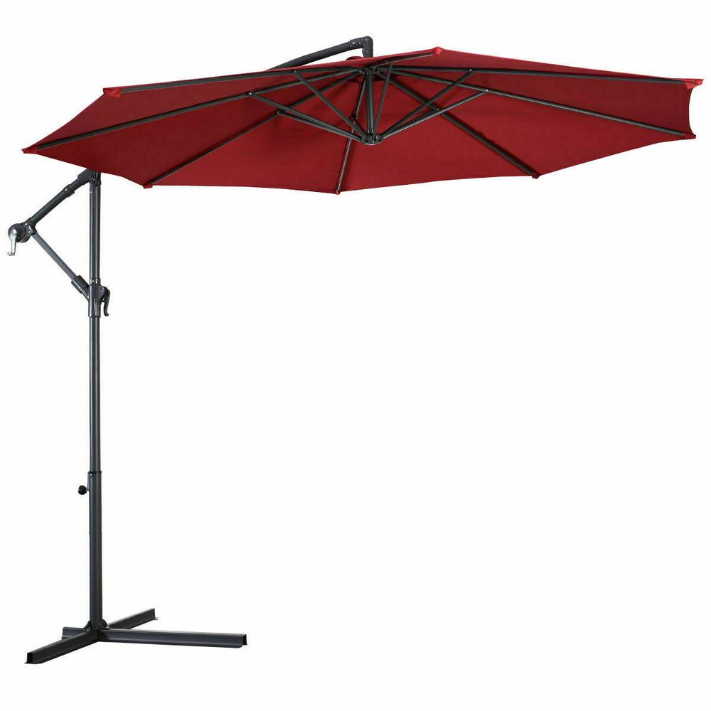 Costway 10 Ft Hanging Umbrella Patio Sun Shade Offset Outdoor Market With Cross Base In Burgundy Op2808bug The Home Depot