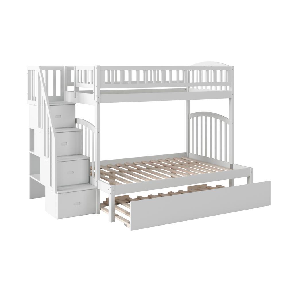 white bunk bed with trundle and stairs