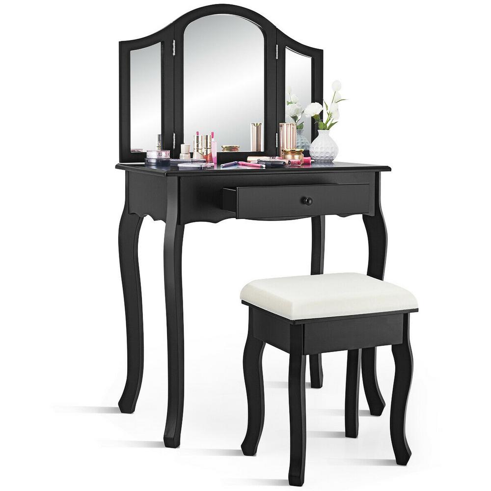 black makeup vanity with lights and drawers