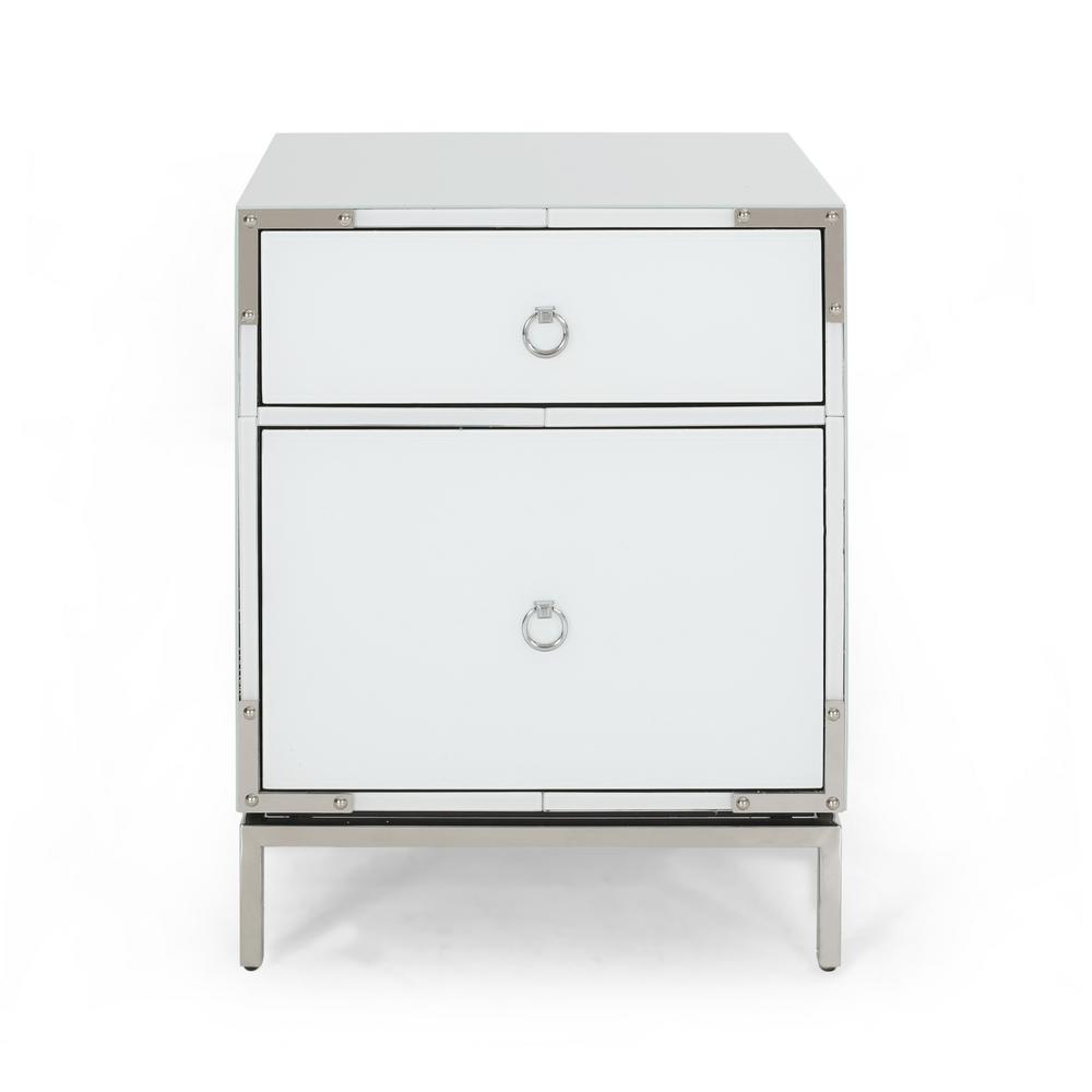 Noble House Daphney White Glass 2 Drawer Bedside Table With Silver