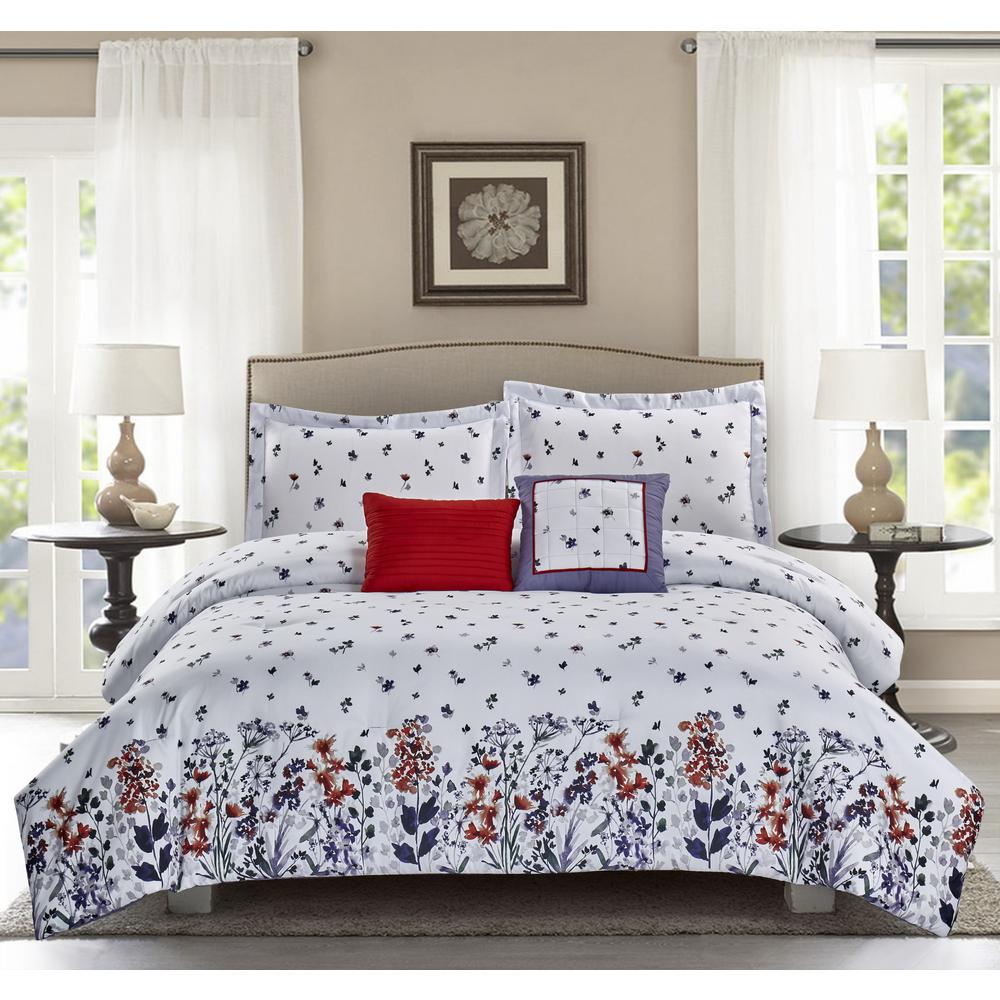 Queen King Navy Blue Yellow Border Embroidered Floral 7 pc Comforter