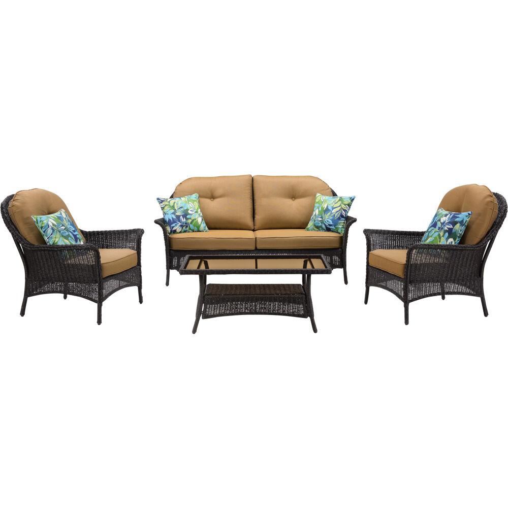 Hanover Sun Porch 4 Piece Wicker Patio Conversation Set With Country Cork Cushions Hanover Sun Porch 4 Piece Wicker Patio Conversation Set With Country Cork Cushions