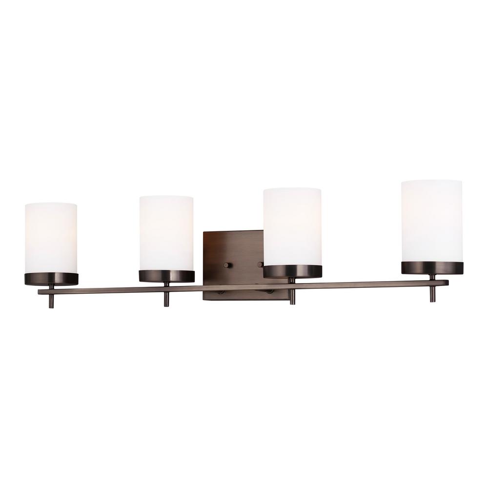 Sea Gull Lighting Zire 34 In W 4 Light Brushed Oil Rubbed Bronze Vanity With Etched White Gl Shades Sea Gull Lighting Zire 34 In W 4 Light Brushed Oil Rubbed Bronze Vanity With Etched White Gl Shades
