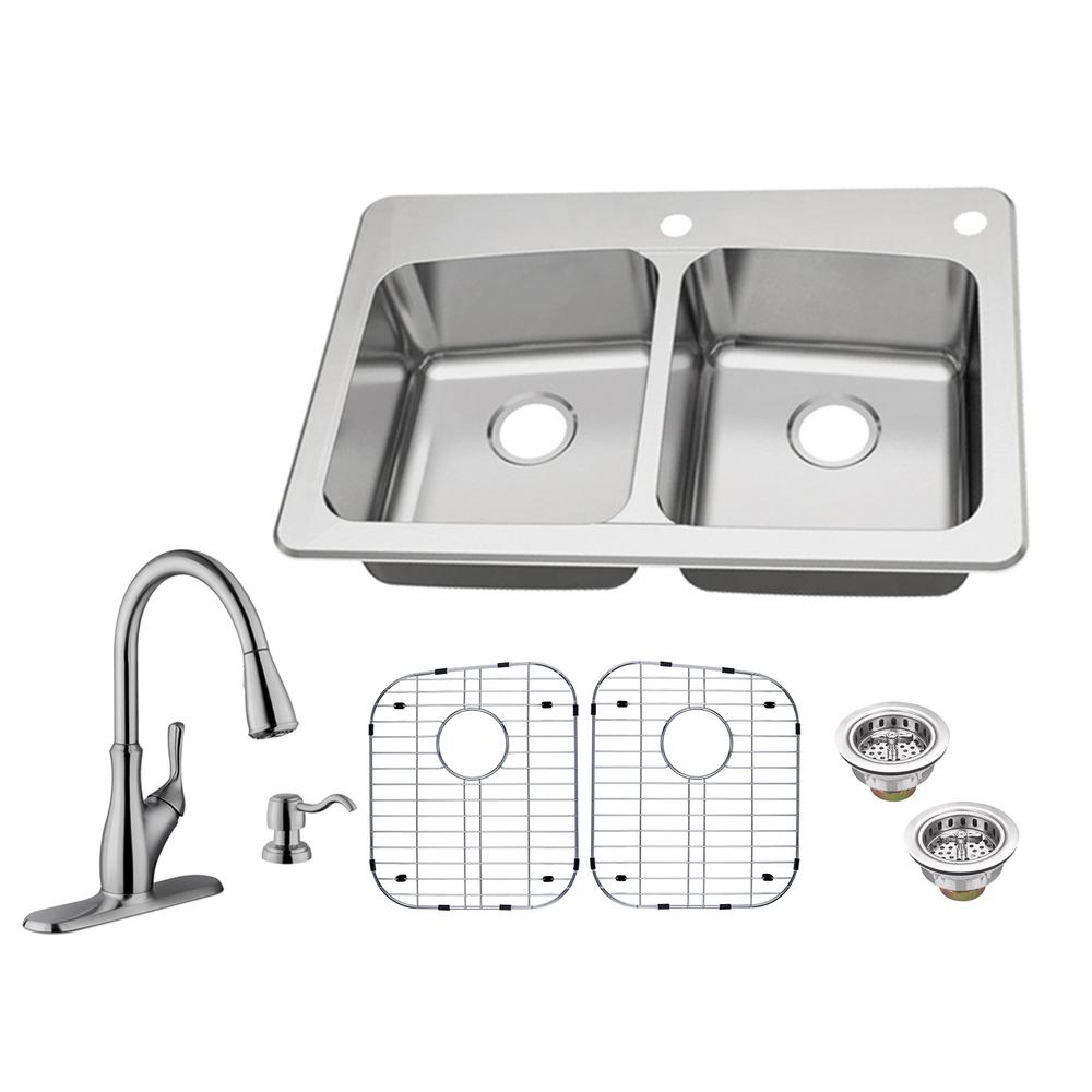 Glacier Bay All In One Dual Mount 18 Gauge Stainless Steel 33 In 2 Hole 50 50 Double Bowl Kitchen Sink With Pull Out Kitchen Faucet Vt3322p09p36bn The Home Depot
