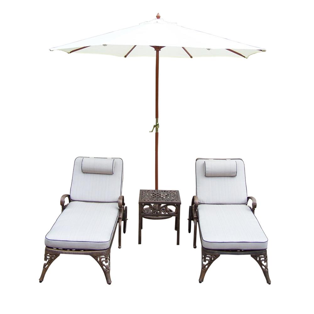 5 Piece Cast Aluminum Outdoor Chaise Lounge Set With Tan Cushions 5 Piece Cast Aluminum Outdoor Chaise Lounge Set With Tan Cushions And White Umbrella