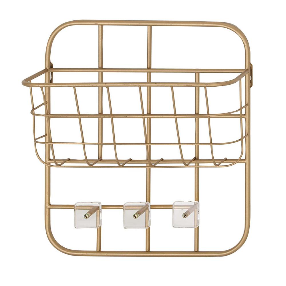 Litton Lane Gold Iron Wall Mounted Basket Rack With Hooks 45849