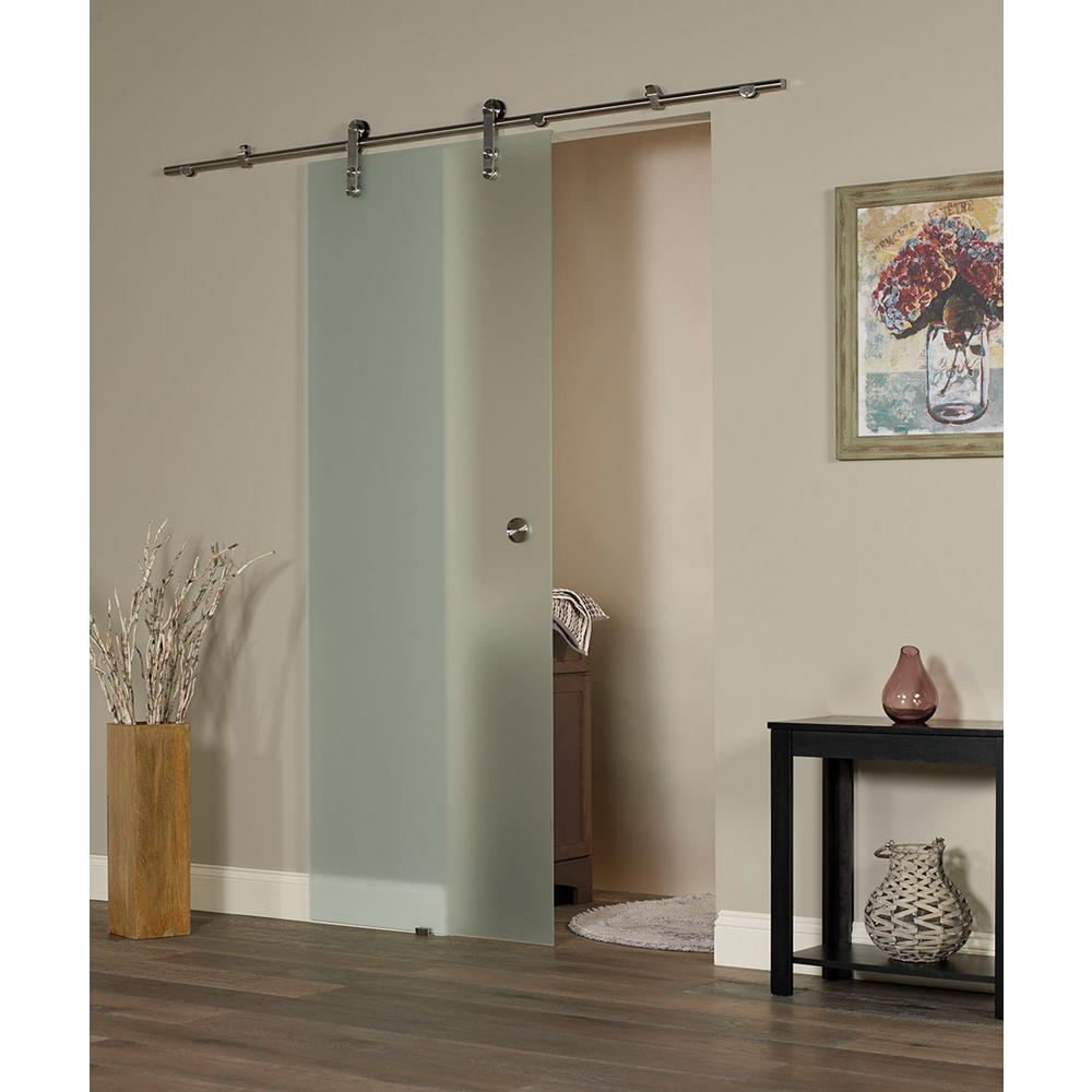 Pinecroft 34 In X 81 In Ice Glass Sliding Barn Door With Hardware Kit