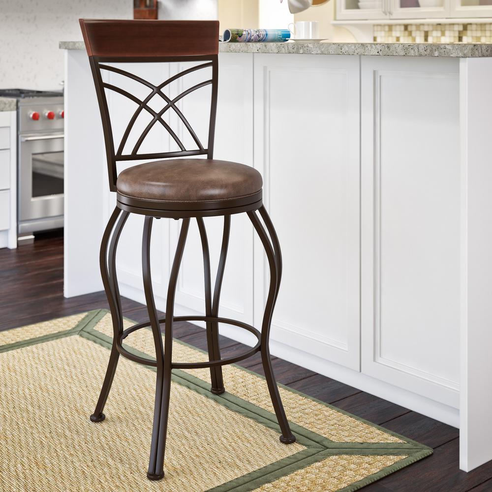 CorLiving Jericho 30 inch Metal Bar Stool with Swivel Rustic Brown Bonded Leather Seat