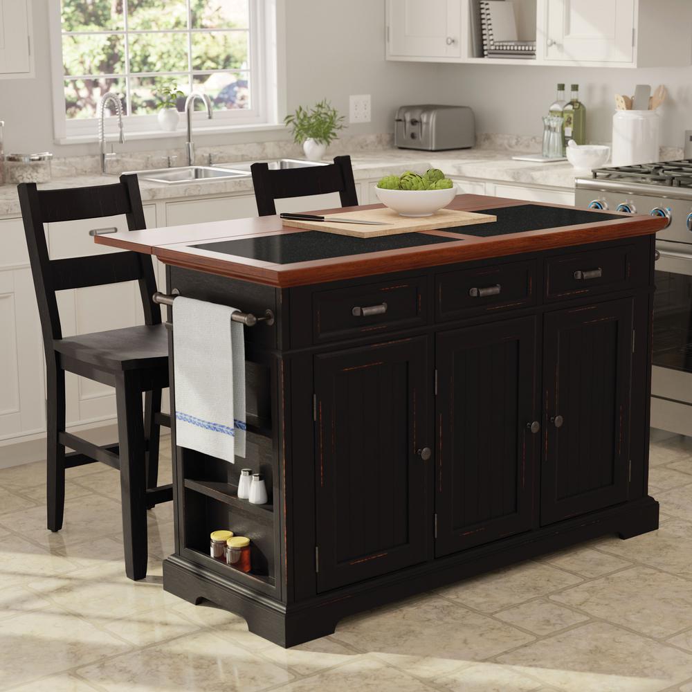 Inspired by Bassett Farmhouse Basics Kitchen Island Black Finish with Vintage Oak and Granite 