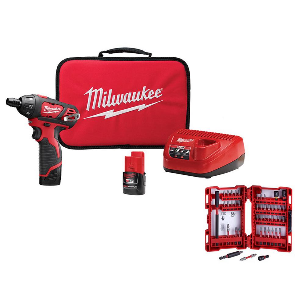 Milwaukee M12 12V Lithium-Ion Cordless 1/4 in. Hex Screwdriver Kit with SHOCKWAVEDriver Bit Set (45-Piece)