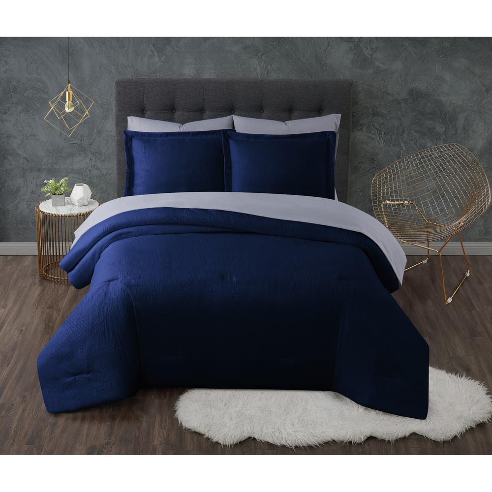 TRULY CALM Antimicrobial 7Piece Navy Seersucker Microfiber Queen