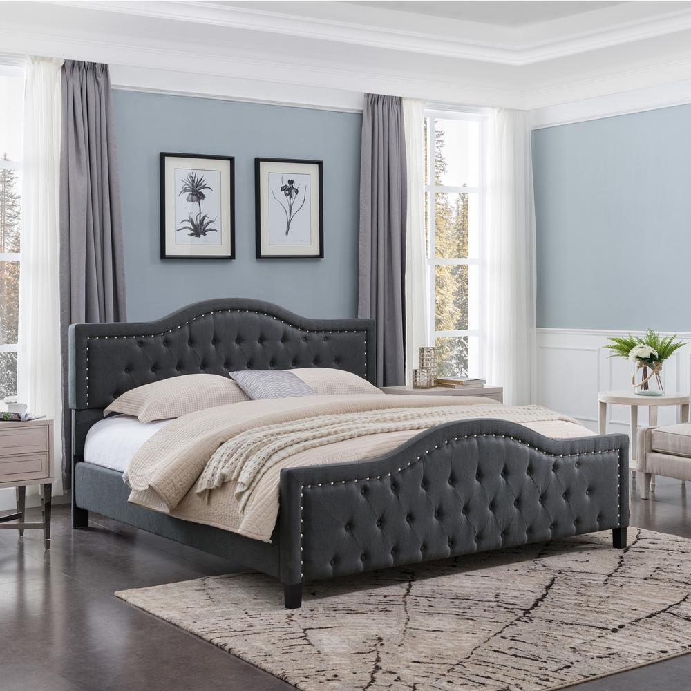 Noble House Virgil King Size Tufted Dark Gray Fabric And Wood Bed Frame With Stud Accents 53358 The Home Depot