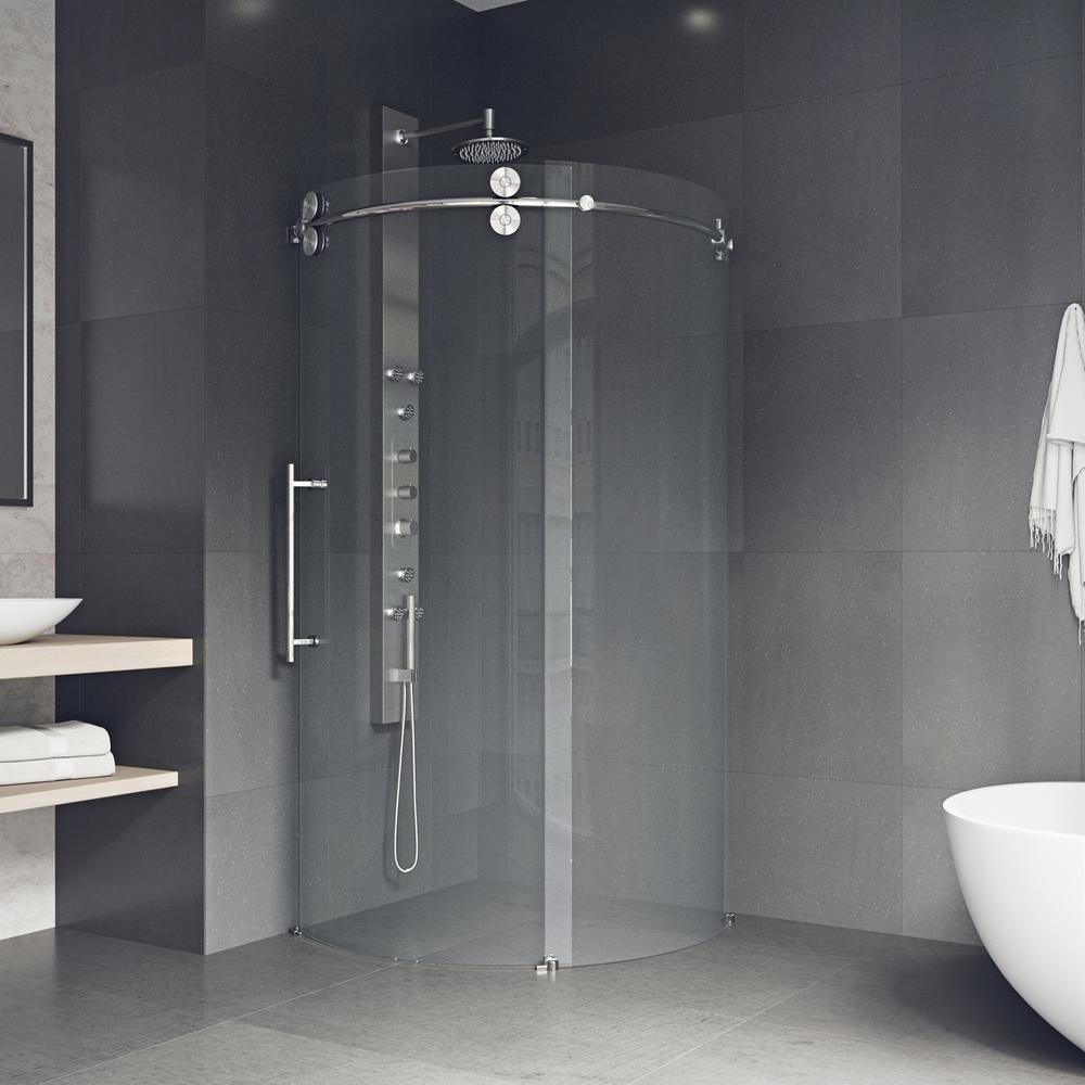 Vigo Sanibel 40 625 In X 74 Frameless Corner Bypass Shower Frameless Corner Bypass Shower Enclosure In Stainless Steel With Left Sided Opening