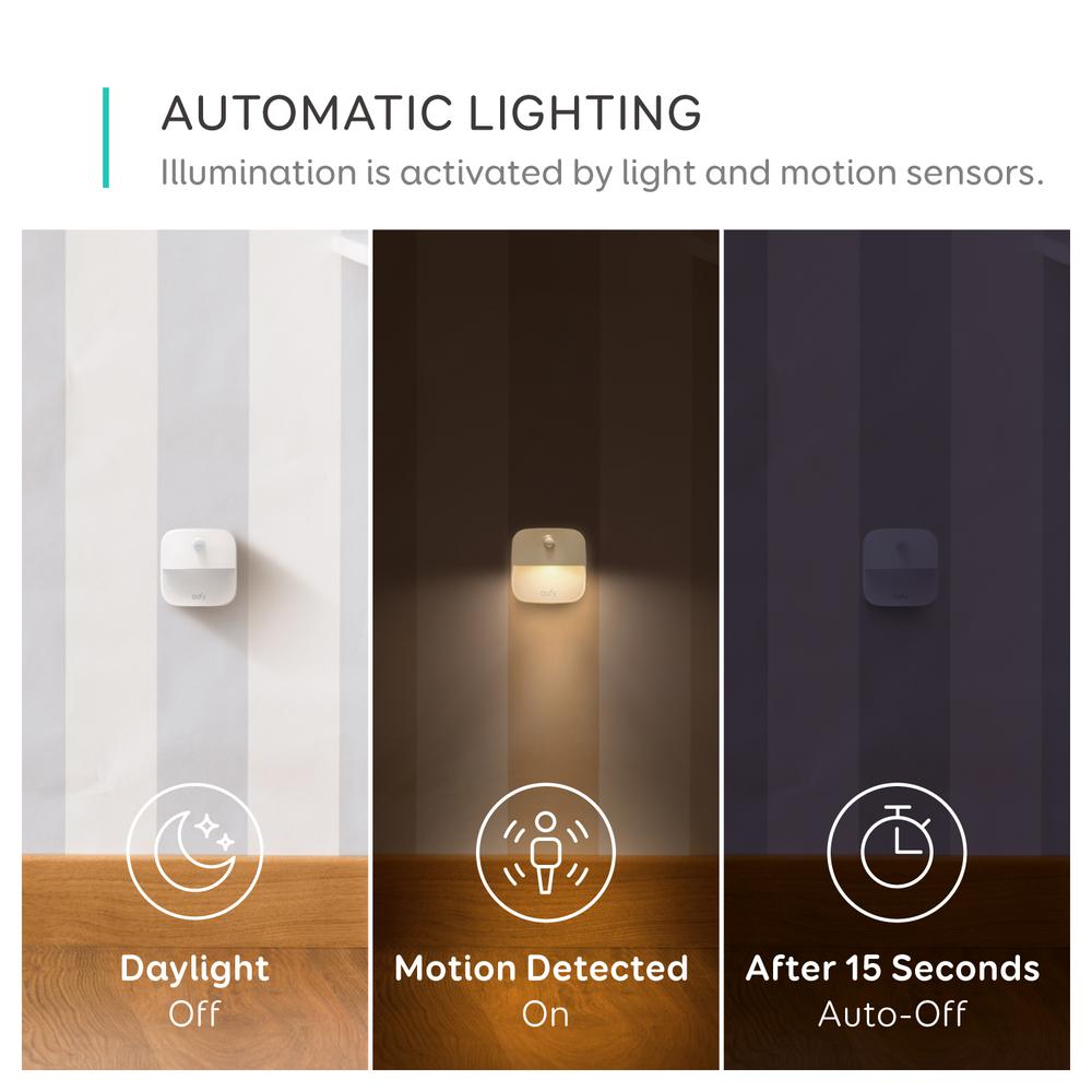 Stick-Anywhere Eufy Lumi Stick-On Night Light Closet Light Stairs Bathroom Warm White LED Energy Efficient Compact Hallway 3-pack Wall Light for Bedroom Kitchen Motion Sensor 