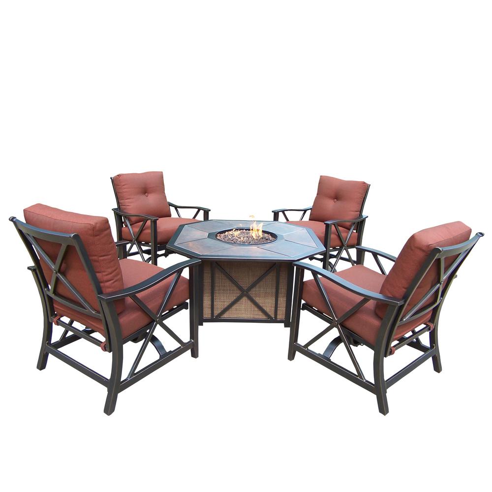 5-Piece Deep Seating Chat Set with Gas Firepit, Top, Burner System, Red Lava...