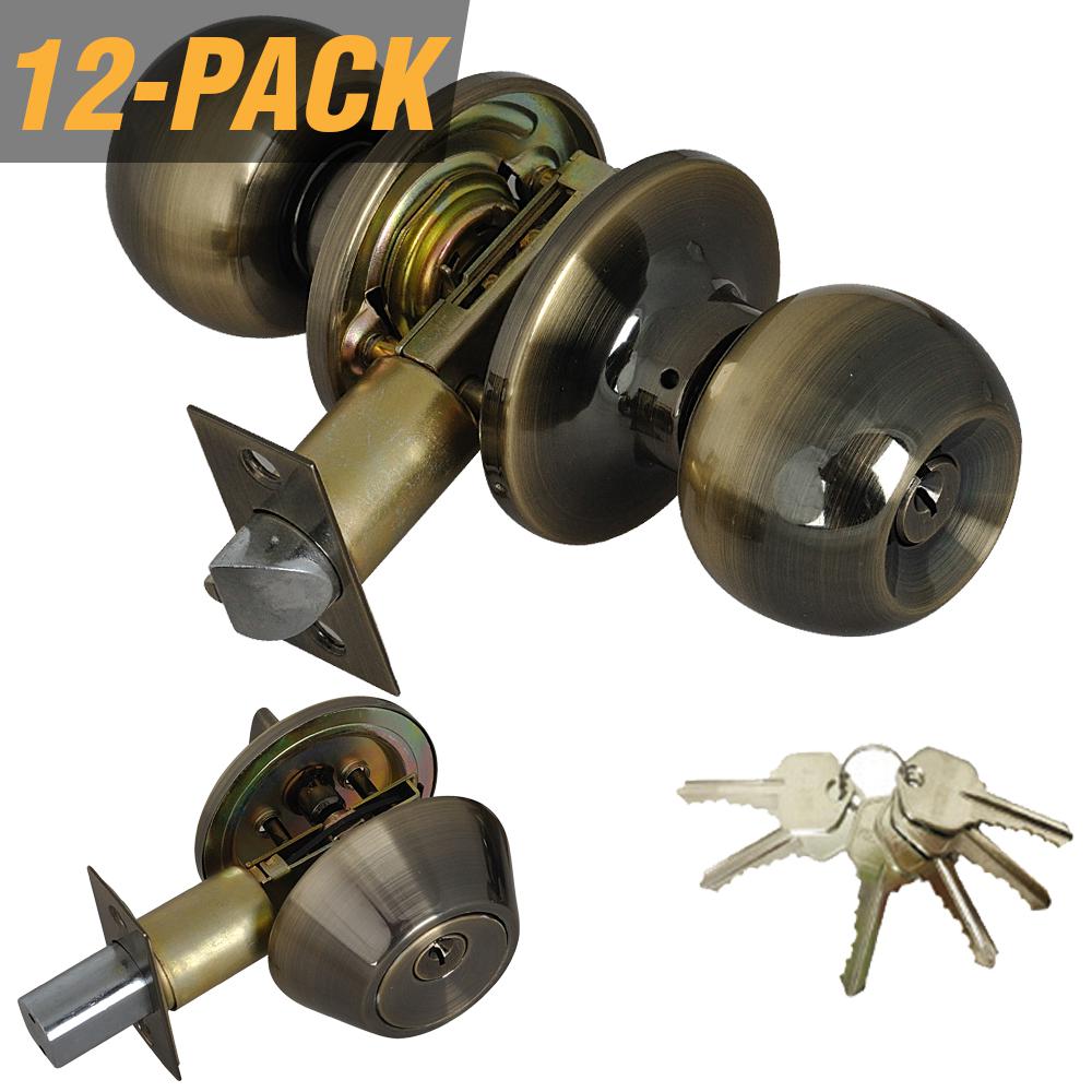 Grip Tight Tools Antique Brass Entry Door Knob Combo Lockset With