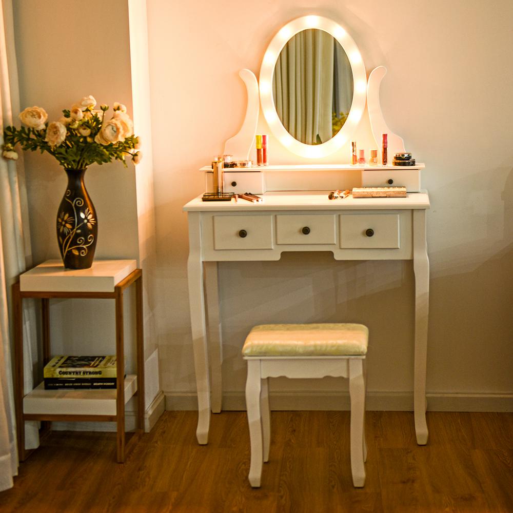 Jspoyou Vanity Set With Lighted Mirror, Dressing Table Makeup Vanity Set With Lighted Mirror Cushioned Stool