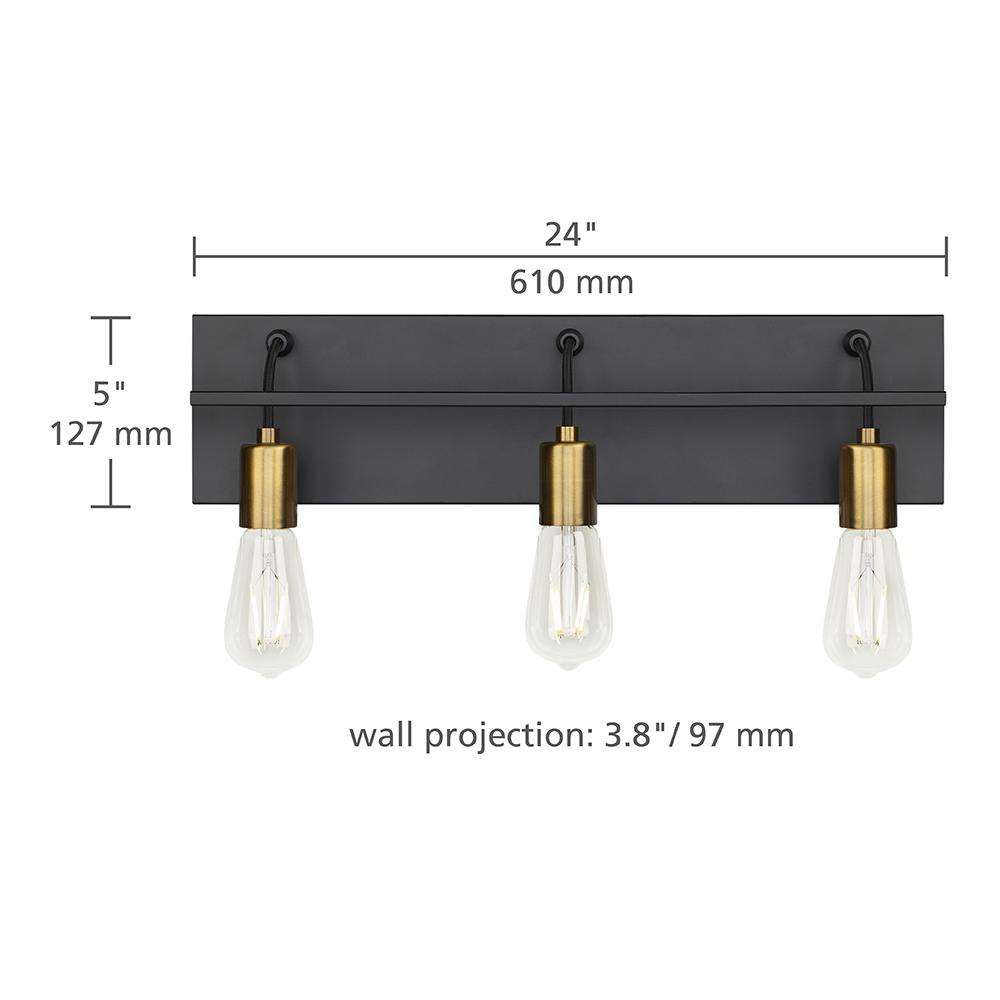 Lbl Lighting Tae 24 In W 3 Light Black Industrial Metal Bathroom Vanity Light With Aged Brass Socket Cups And Black Cords Ba1082blab The Home Depot