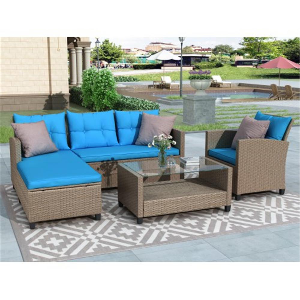 Boyel Living Brown 4 Piece Wicker Outdoor Patio Conversation Set Wicker Rattan Sectional Sofa With Blue Cushions Bh Wy000066caa The Home Depot