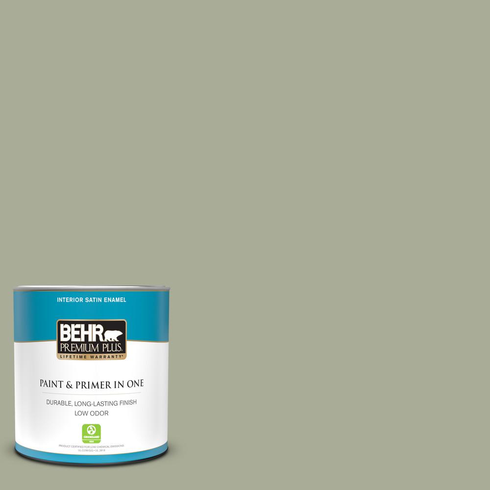 BEHR PREMIUM PLUS 1 qt. S3804 Bay Water Satin Enamel Low Odor Interior Paint and Primer in One
