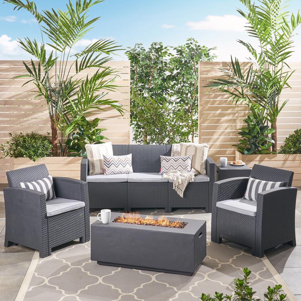 Noble House Mercier 5 Piece Faux Wicker Patio Fire Pit Conversation Set With Light Grey Cushions 54103 The Home Depot - Conversation Patio Set With Fire Table Noble House Mercier 5 Piece Faux Wicker Patio Fire Pit Conversation Set With Light Grey Cushions 54103 The Home Depot - Conversation Patio Set With Fire Table