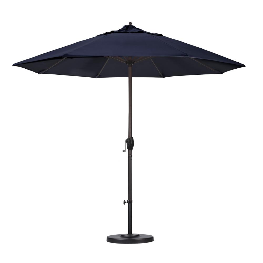 California Umbrella 9 Ft Bronze Aluminum Pole Market Aluminum Ribs Auto Tilt Crank Lift Patio Umbrella In Navy Sunbrella Ata908117 5439 The Home Depot