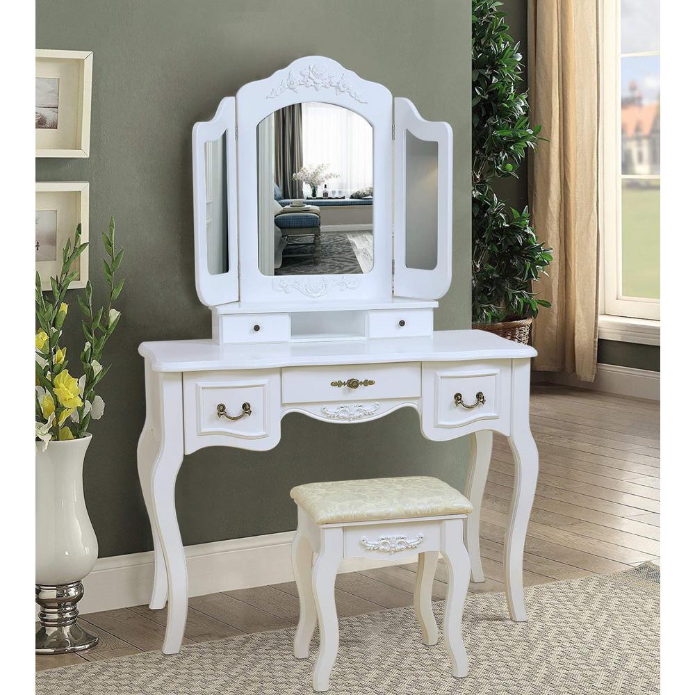 Boyel Living Vanity Set Makeup White Table Tri Folding Mirror Makeup White Table Tri Folding Mirror