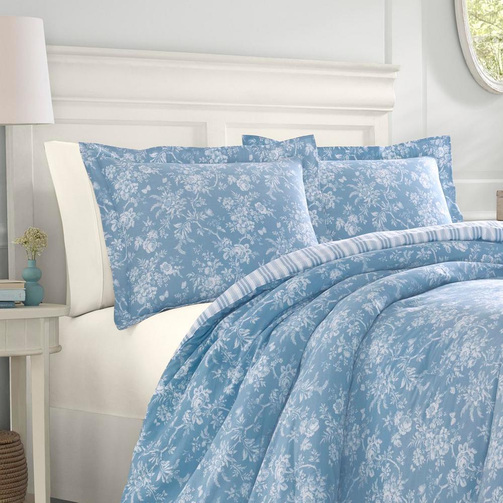 Laura Ashley Walled 3 Piece Blue White Full Queen Comforter Set