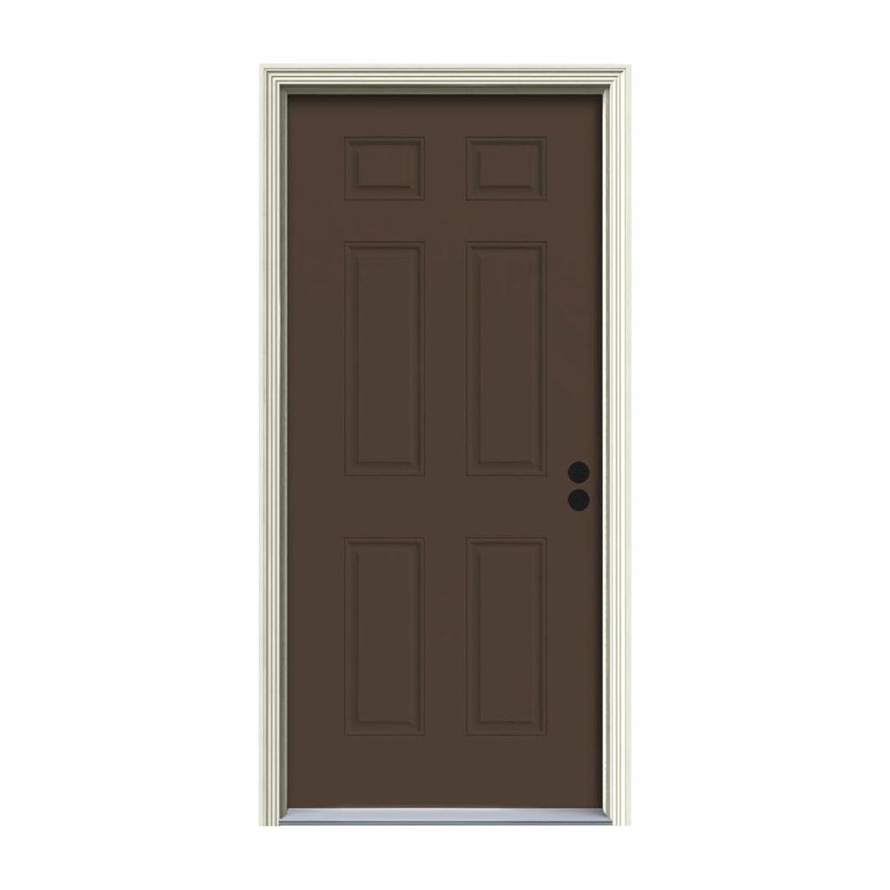 Jeld Wen 36 In X 80 In 6 Panel Dark Chocolate Painted Steel Prehung Left Hand Inswing Front Door W Brickmould