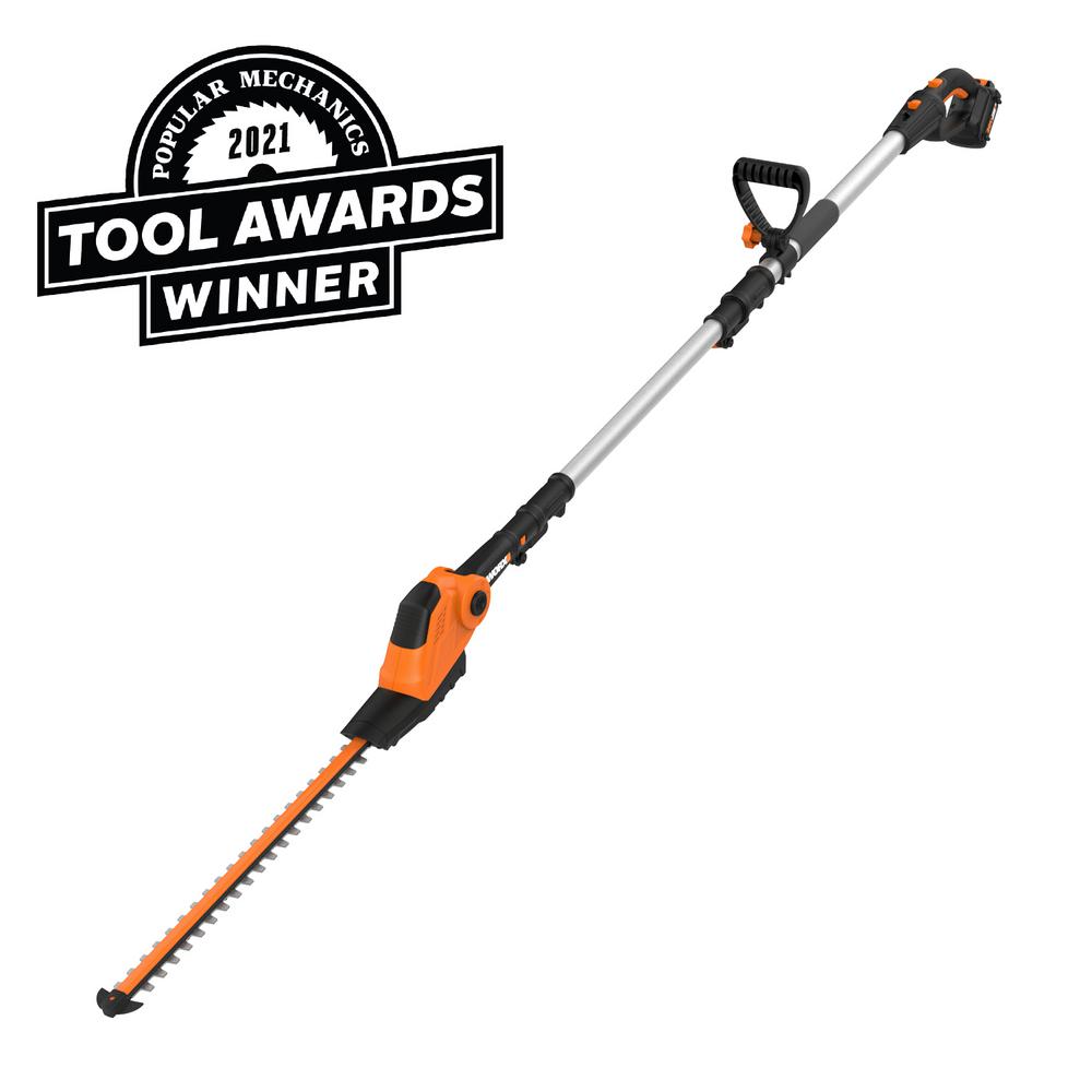 WORX POWER SHARE 20-Volt 20 in. Cordless Pole Hedge Trimmer, 13 ft Reach and 10-Position Head (Battery and Charger Included) | WG252