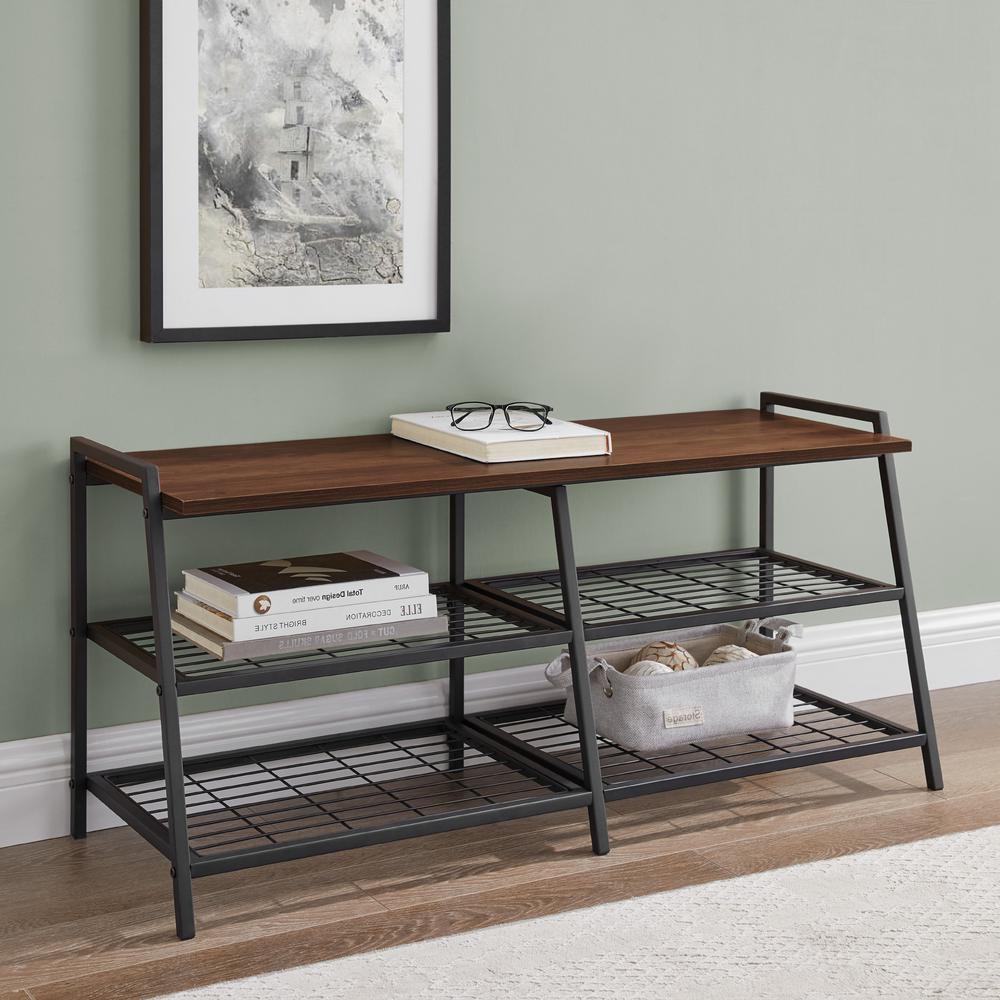 Welwick Designs Dark Walnut Industrial Metal And Wood Entry Bench Hd8200 The Home Depot
