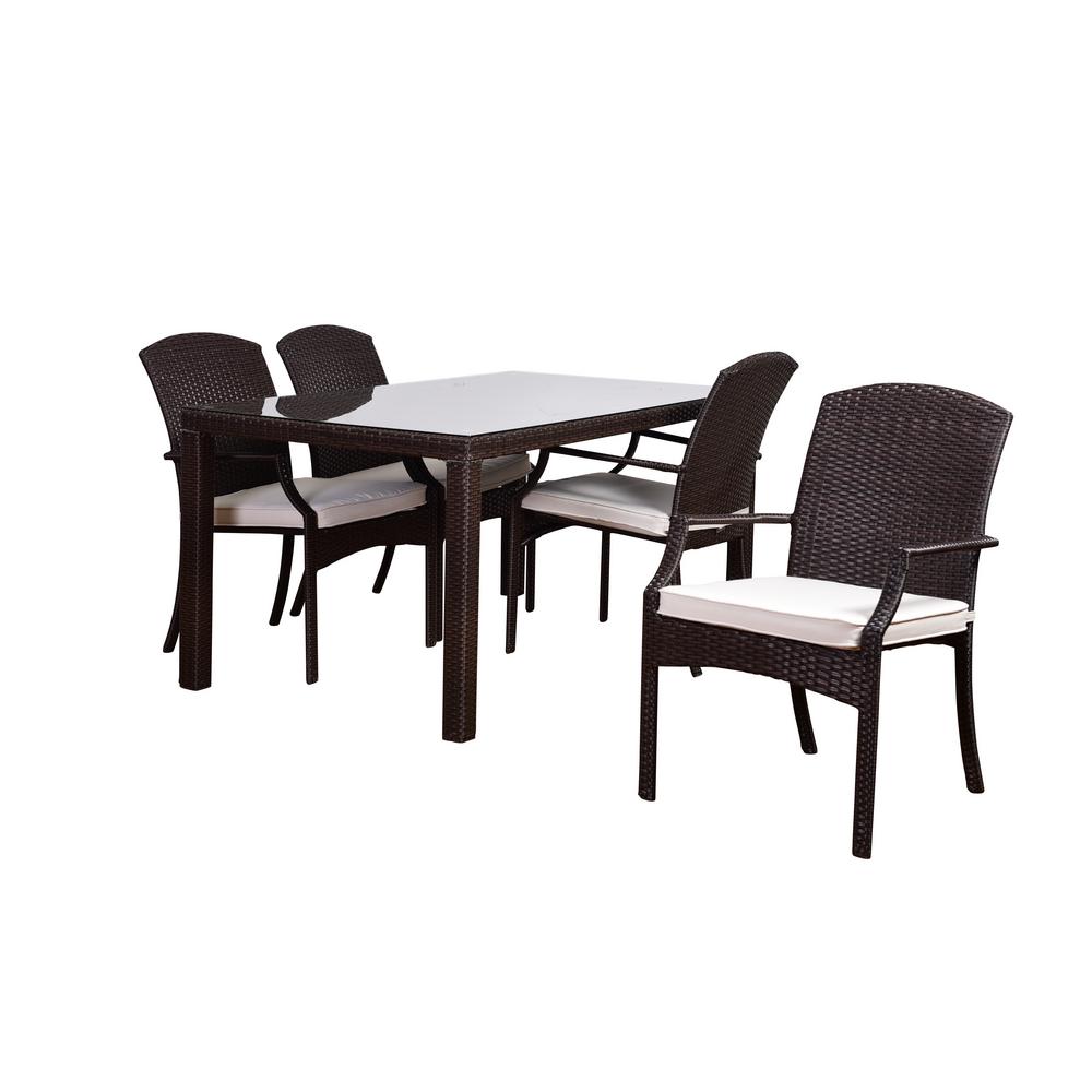 White Aluminum Patio Dining Furniture The Atlantic Sanibel 5 Piece Synthetic Wicker Square Patio Dining Set With Off White Cushions