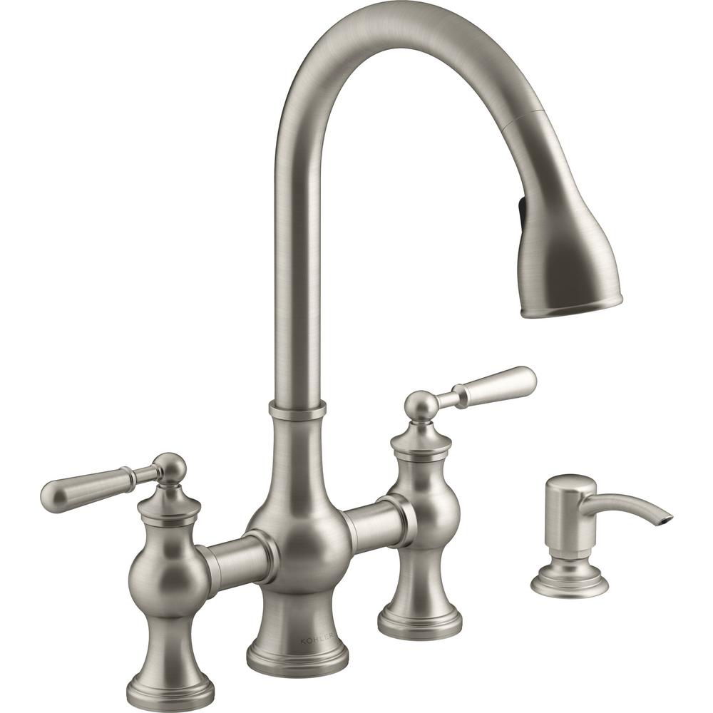 Kohler Capilano 2 Handle Bridge Farmhouse Pull Down Kitchen Faucet With Soap Dispenser And Sweep Spray In Vibrant Stainless K R21070 Sd Vs The Home Depot