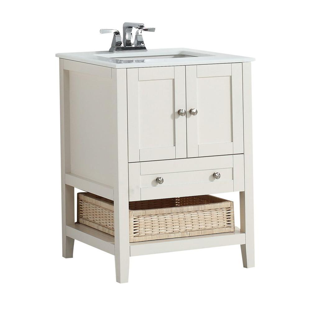 Simpli Home Cape Cod 24 in. Vanity in Soft White with Quartz Marble