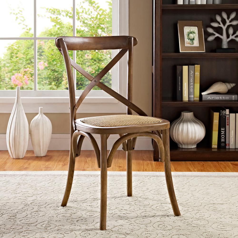 Modway Gear Modern Farmhouse Cross Back Solid Elm Wood Dining Side Chair With Rattan Seat In Walnut Modway Inc EEI-1541-WAL